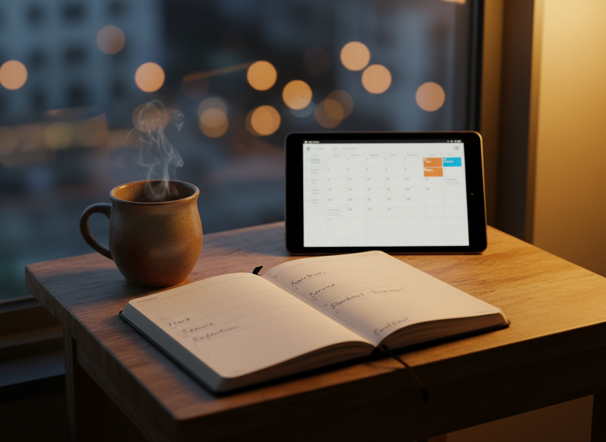 A serene evening scene of a small, well‑used wooden table by a window, holding a steaming ceramic mug, an open bullet journal with neatly organized habit trackers labeled “Work,” “Service,” and “Reflection,” and a slim tablet displaying a calendar of daily tasks. Outside the slightly blurred window, city lights create a soft bokeh. Warm lamp light from the right casts cozy, intimate illumination on the tabletop, with subtle highlights on the mug’s glaze and gentle shadows behind the objects. Photographic realism, shot from a slightly elevated angle, conveys a reflective, disciplined daily routine that balances productivity, service, and humble reflection for a personal portfolio’s “Daily Life” or “Routine” section.