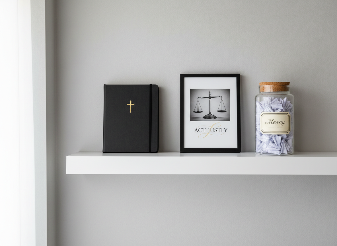 A detailed, photographic shot of a clean, modern white shelf displaying three carefully curated items representing the portfolio owner’s values: a minimalist black hardcover notebook embossed with a small gold cross, a framed monochrome print of balanced scales titled “Act Justly,” and a translucent glass jar labeled “Mercy” filled with folded notes. The objects are spaced with intentional negative space on the shelf. Soft, overcast natural light from a nearby window creates a gentle, shadowless glow, emphasizing textures and shapes without harsh contrast. Captured at eye level with sharp focus throughout, the mood is thoughtful and professional, offering a subtle, faith-infused visual for an “About” or “Values” section.