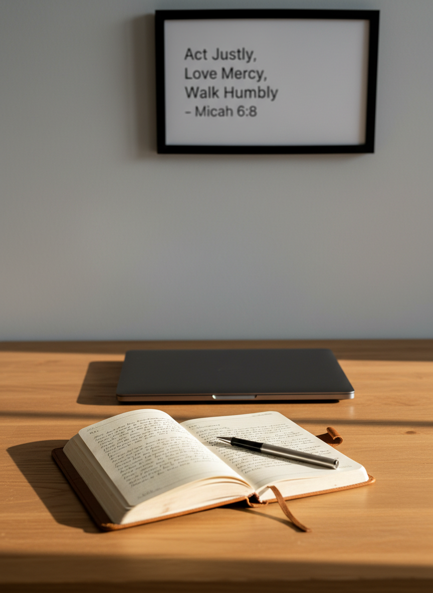 A minimalist wooden desk with a closed, matte-black laptop centered beside an open, well‑worn leather journal, its pages neatly filled with fine ink handwriting. A slim metal pen rests diagonally across the journal. In the background, a simple framed print of the words “Act Justly, Love Mercy, Walk Humbly – Micah 6:8” hangs on a light grey wall, slightly out of focus. Soft morning sunlight enters from the left, casting gentle, elongated shadows and a warm glow on the desk’s natural grain. Photographic realism, shot at eye level with a shallow depth of field, creating a calm, professional atmosphere suitable for a personal portfolio homepage hero image.