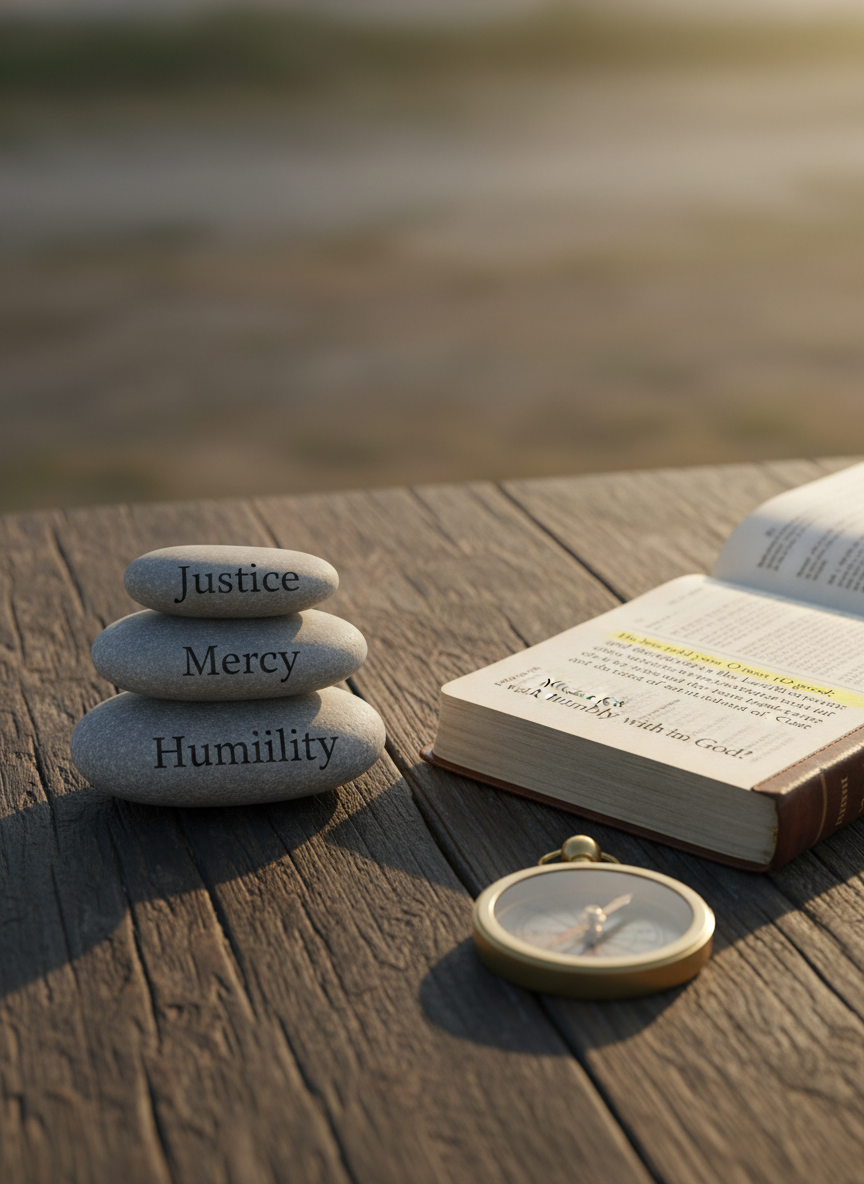 A close-up, photographic shot of a dark, textured wooden table holding three symbolic objects: a balanced stack of smooth river stones engraved with the words “Justice,” “Mercy,” and “Humility,” a small open Bible showing Micah 6:8 highlighted in soft yellow, and a simple brass compass pointing steadily north. Warm golden hour light streams from the right, skimming across the surface and creating rich contrasts and delicate shadows. The background fades into a soft bokeh of neutral tones. Framed using the rule of thirds, the composition feels contemplative and grounded, communicating values and direction for a personal portfolio grounded in faith-inspired work.