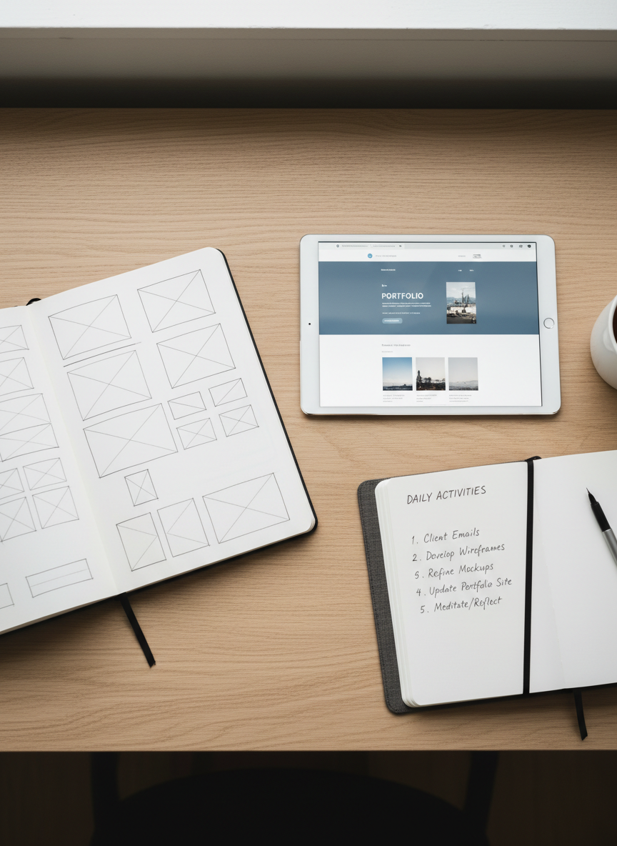 An overhead photographic view of a neatly arranged workspace featuring three distinct sections: a sketchbook displaying a clean grid of wireframe website layouts, a tablet showing a polished project mockup, and a small open notebook with a handwritten checklist titled “Daily Activities.” A slim cross‑shaped metal bookmark rests near the notebook, subtly referencing faith. The desk surface is a pale oak wood, uncluttered and modern. Soft, diffused daylight from a nearby window creates even, flattering illumination with minimal shadows. The mood is organized, professional, and quietly reflective, emphasizing productivity and thoughtful planning for a portfolio site.